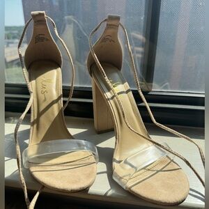 Lulu’s Nude Block Clear Strap Lace Up Strappy Heel Sandals (Style Morini 8.5)